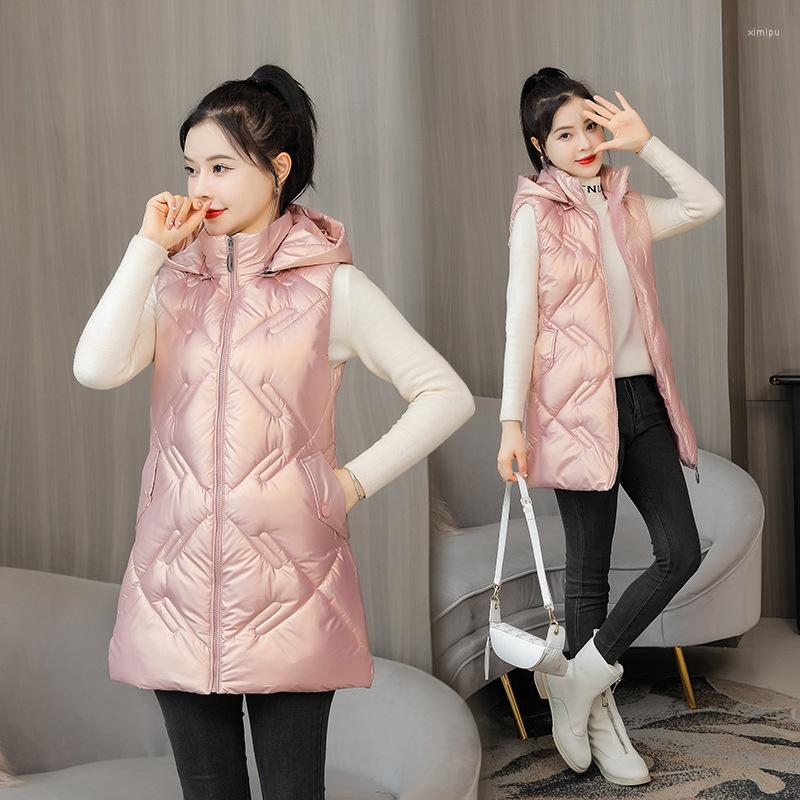 

Women's Vests 2023 Winter Women Jacket Parkas Mid-length Hooded Glossy Down Cotton Warm Vest Coat Sleeveless Jackets Female Parka Waistcoa, Black