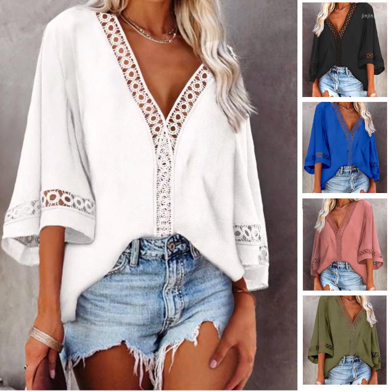 

Women' T Shirts The Summer Style 2023 C Pure Casual T-shirt V Necked Hollow Lace Shirt