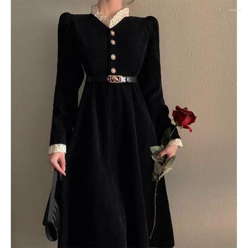 

Casual Dresses French Black Women Dress Elegant Lace Collar Spring Autumn Corduroy Slim Vintage Chic Belt Party Female G407