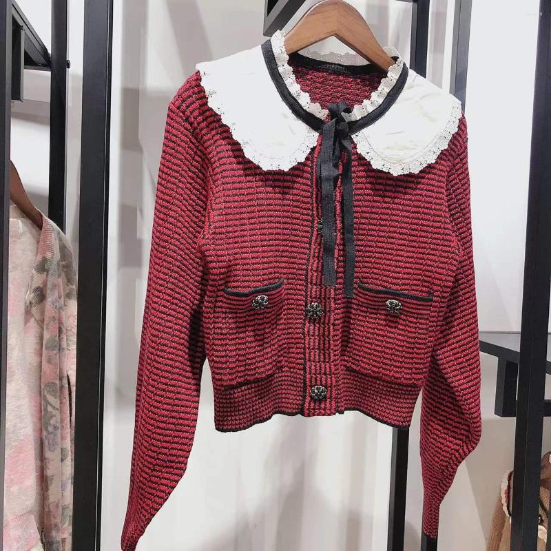 

Women's Knits 2023 Early Spring Doll Neck Tie Wine Red Knitted Women Cardigan Jacket