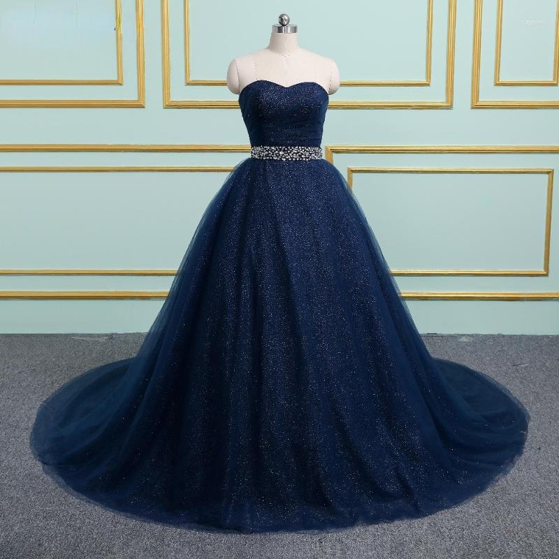 

Party Dresses Sleeveless Tube Top Navy Blue Tulle Ball Gown Lace Up Backless Beadings Belt Long For Women Prom Evening, Gold