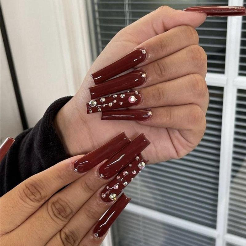 

False Nails Press On Full Cover Detachable Manicure Tool Nail Tips French Fake Rhinestone Coffin Wearable, 04