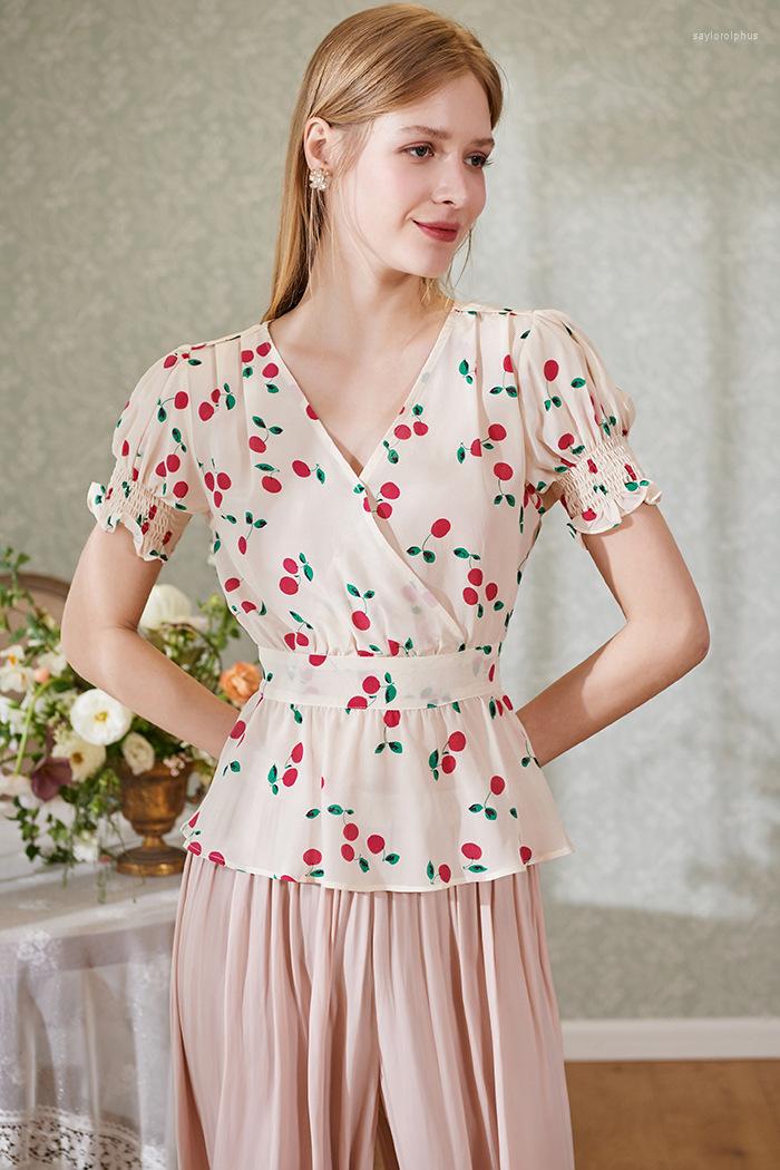 

Women' Blouses Women Shirt Cherry Print V-neck Silk Short Sleeve Girls, Picture shown