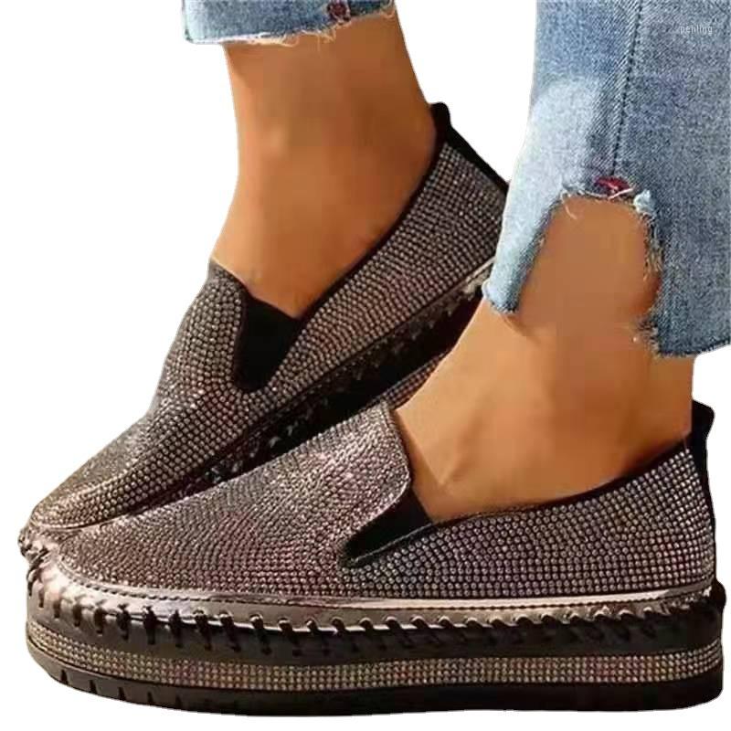 

Dress Shoes Women Flats Rhinestone Bling Sewing Platform Loafers Slip On Shallow Fashion Thick Bottom Casual Ladies Footwear, Black