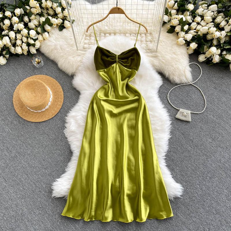 

Casual Dresses ZCWXM Party Women Evening Elegant Mid-calf Off Shoulder Sexy Spaghetti Strap Satin Night Luxurious Backless Green Dress