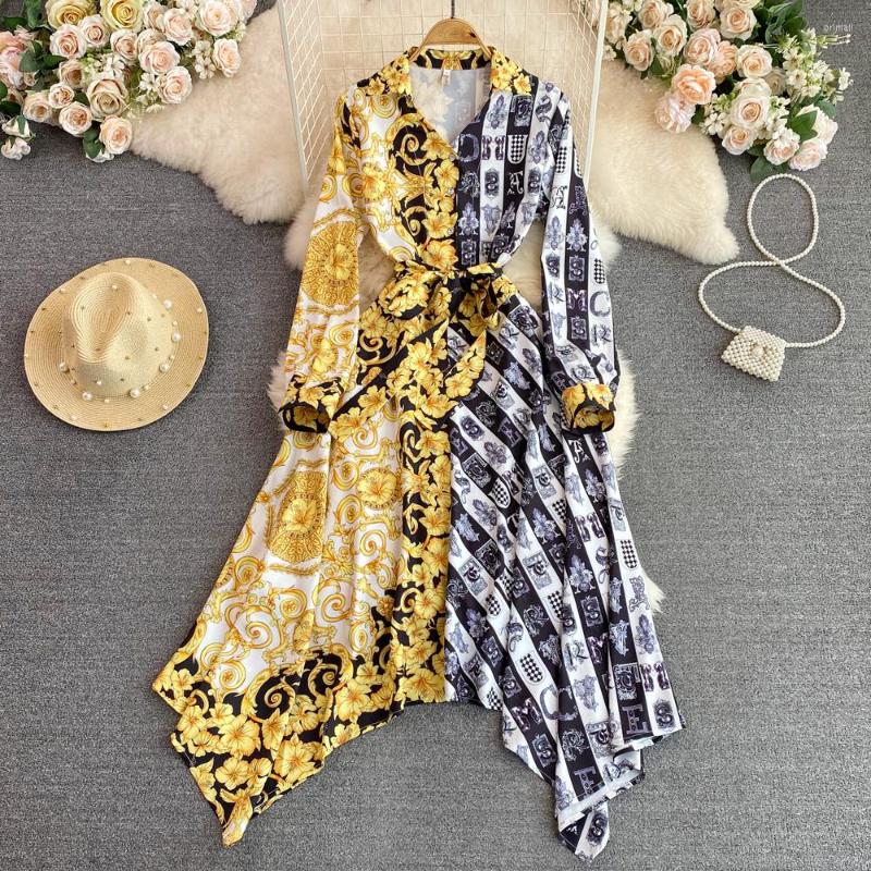 

Casual Dresses Spring Autumn Colorblock Irregular Shirt Dress Women' Turn Down Neck Long Sleeve Vintage Print Button Up Sashes Midi, Gray