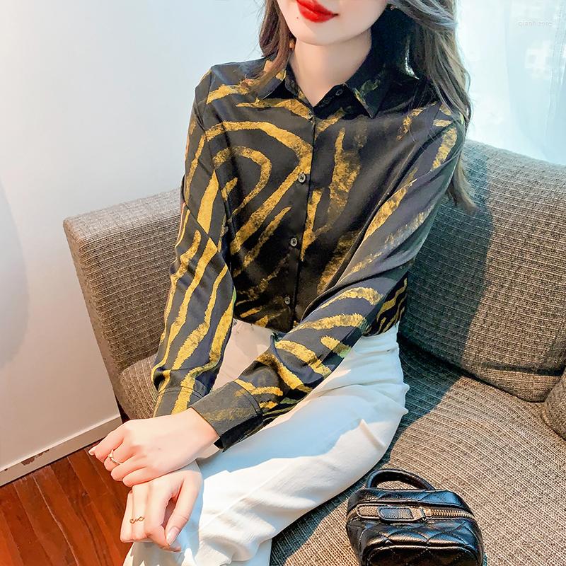 

Women' Blouses Satin Shirt For Women Summer 2023 In Leopard Print Casual Loose Fashion Long Sleeve Fashionable Top Turn-down Collar, Image color