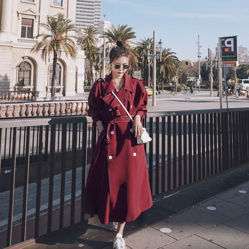 

Women' Trench Coats Coat 2023 Autumn Solid Long Sleeve Red Gray Womens Windbreaker Office Lady Clothing XY5025