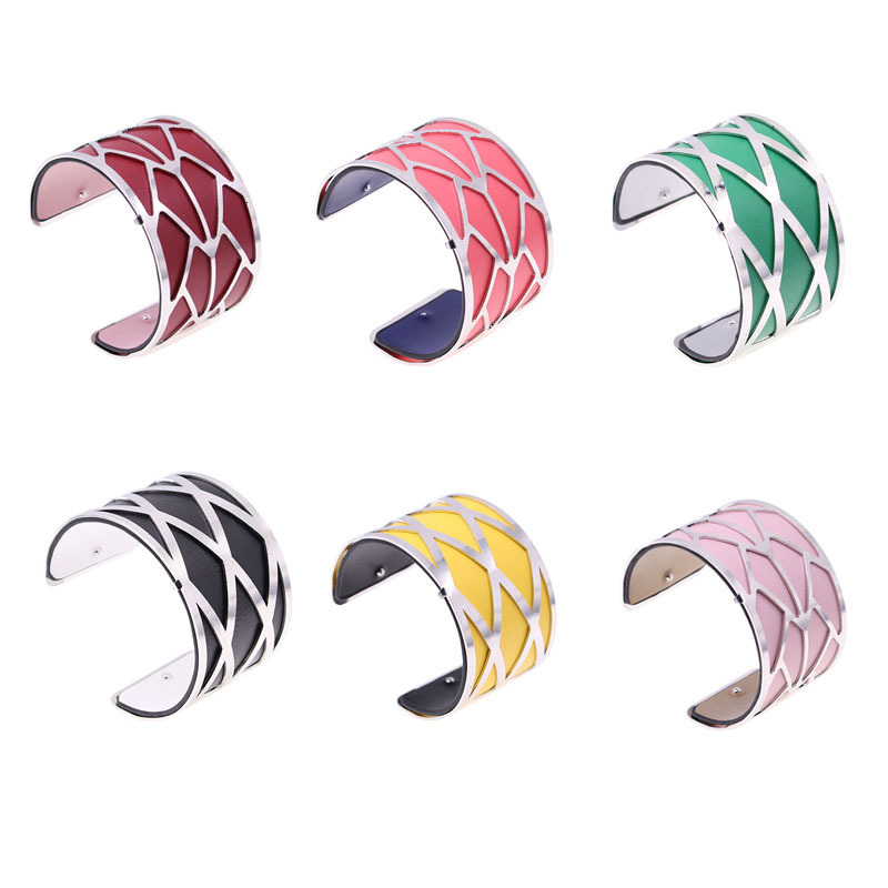 

Bangle 4cm Reverible Leather Bracelet with Silver Color Cannage Interchangeable Bracelet Bangle Femme Bijoux 230313