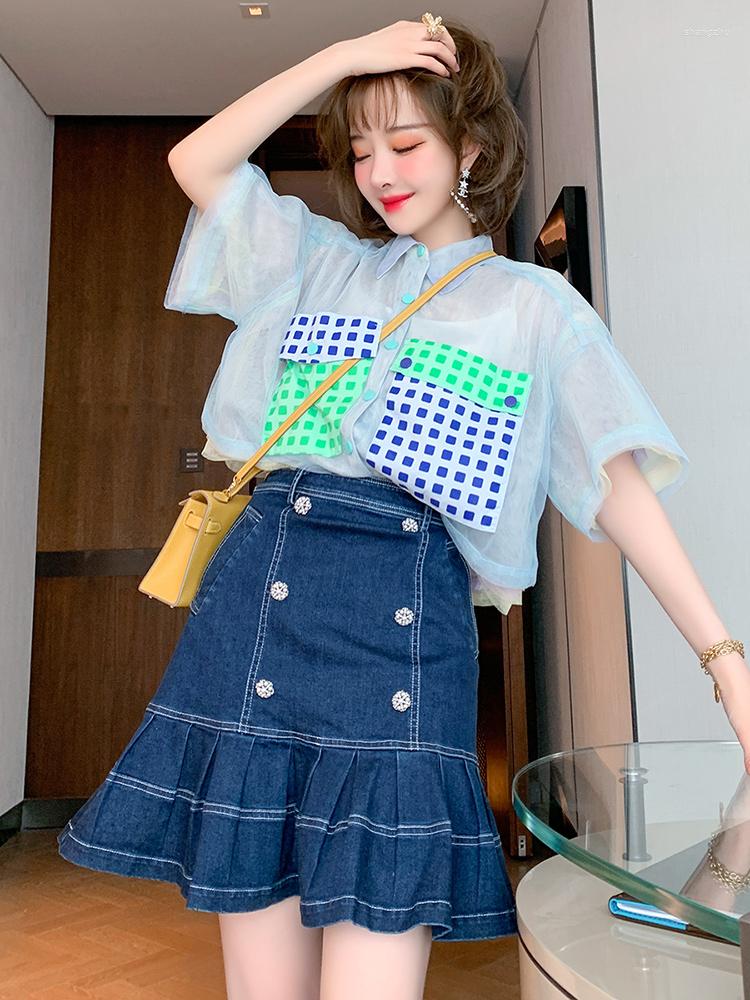 

Work Dresses Top Quality High Waist Open Line Skirt Double Breasted Denim Half With Lotus Leaves, Blue