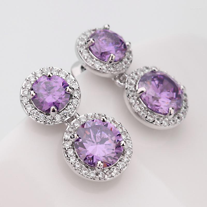 

Dangle Earrings Fashion Design Double Round Purple Cubic Zircon Drop Earring Beautiful Women Bridal Engagement Gfts E-502