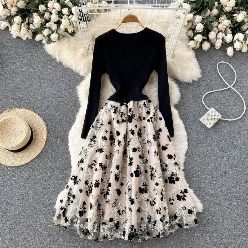 

Casual Dresses ZCWXM 2023 Spring Dress Women Party Brand Elegant Knitting Patchwork Embroidery Long Sleeve Mesh Black Vestidos, Beige