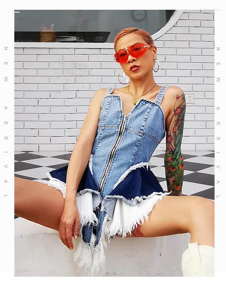 

Women' Tanks Fashion Sexy Women' Niche Design Sense Color Matching Denim Waist Slim Tank Suspender Top, Blue