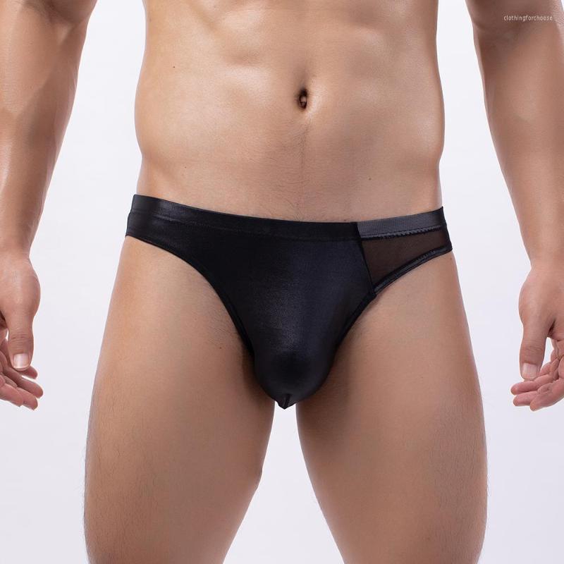 

Underpants Leather Briefs Men Back Mesh Breathable Gay Pouch Bulge Shorts Underwear Low Waist Soft Panties A50, Black