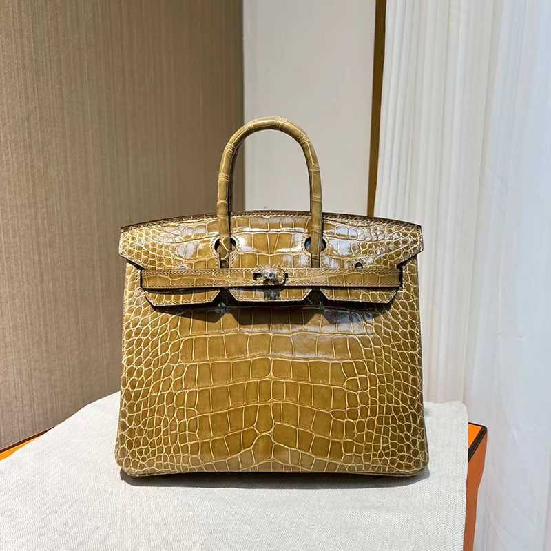 

Luxury Bag Birkin Three pieces of American alligator skin silver buckle fully hand-stitched BK 25CM women's lockable fashion with logo, Brick pink