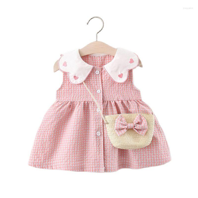 

Girl Dresses 2023 Summer Born Dress Fashion Print Doll Collar Cute Princess Beach Flowers Bag Little Girls Heart Plaid Clothing, Orange