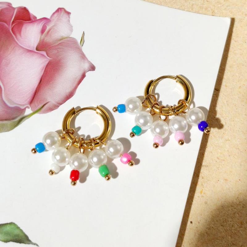 

Hoop Earrings Rainbow Seed Beads Elegant Imitation Pearl For Women Gold Color Round Vintage Stainless Steel Jewelry