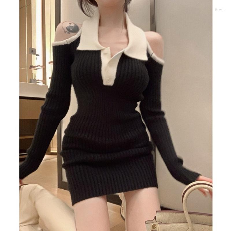 

Casual Dresses Winter Y2K Knitted Sweater Dress Women Patchwork Elegant Party Mini Female Sexy Korean Off Shoulder Slim Chic 2023, Black