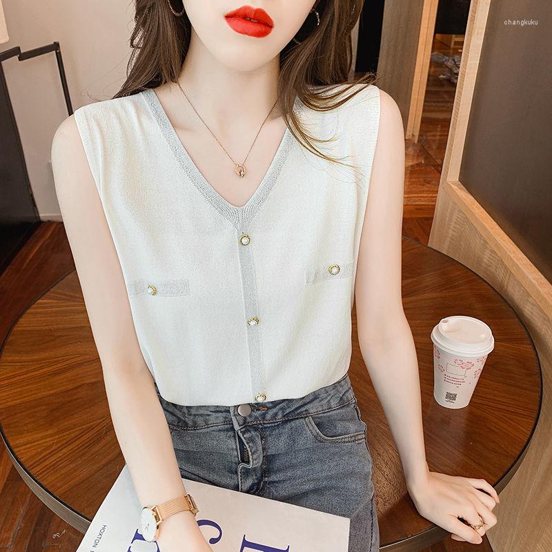 

Women' Tanks Fashion Ice Silk Knitted Vest Gym Tank Top Women V Neck Thin Sleeveless Shirt Summer Wide Shoulder Loose Blusas White