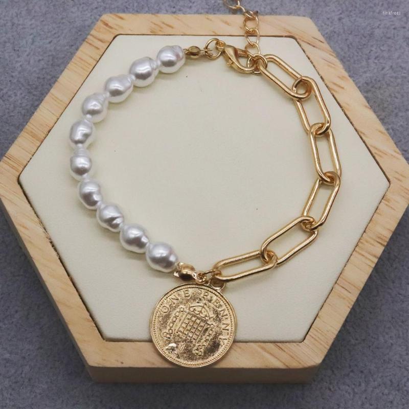 

Strand 2023 Trendy Half Pearl Chain Women Bracelet Adjustable Coin Head Pendant