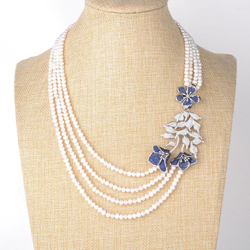 

Chains Hand Knotted 4 Rows Necklace Natural 5-6mm White Freshwater Pearl Micro Inlaid Zircon 18-22inch