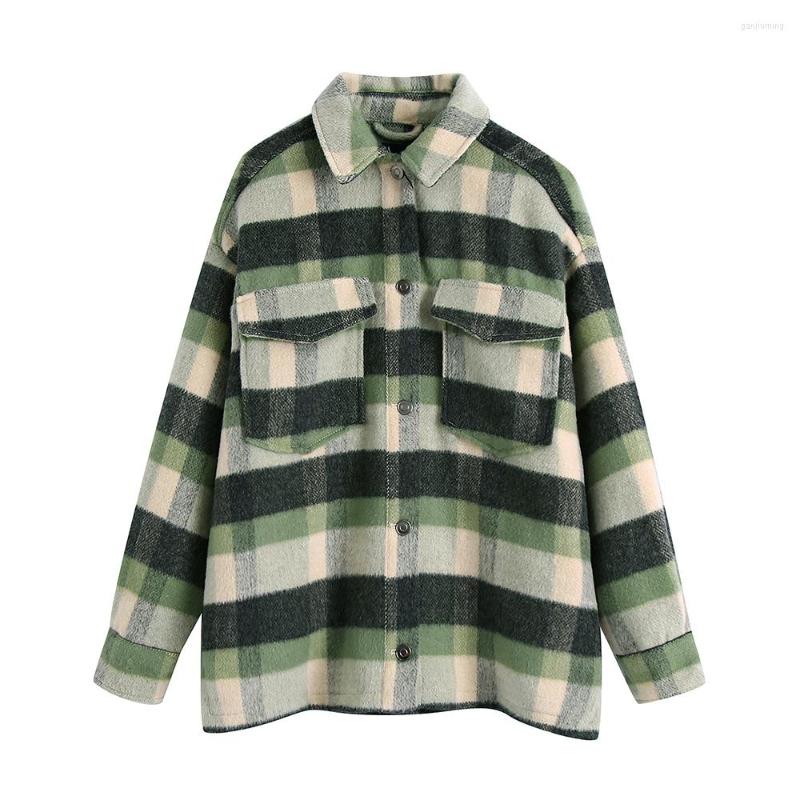 

Women's Jackets Fashion Women 2023 Casual Turn-Down Collar Long Sleeve Check Shirt Jacket Flap Pockets Button Up Loose Overshirt Shacket, Green