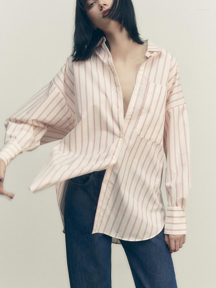 

Women's Blouses Women Shirts Tops 2023 Casual Striped Shirt Long Sleeve Top Lapel Collar Front Button Up Oversized With Pocket, Beige