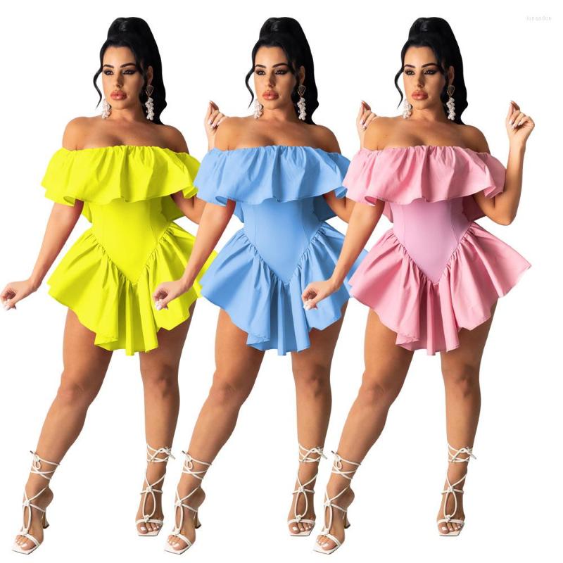 

Casual Dresses 2023 Summer Open Back Fashion Sexy Pure Color Nightclub Style Irregular Pleated Shoulder One-Piece Dress, Blue