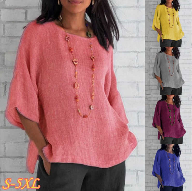 

Delivered on the same day 2022 new women's 7 / 4 sleeve round neck Cotton Linen Shirt Top, Blue