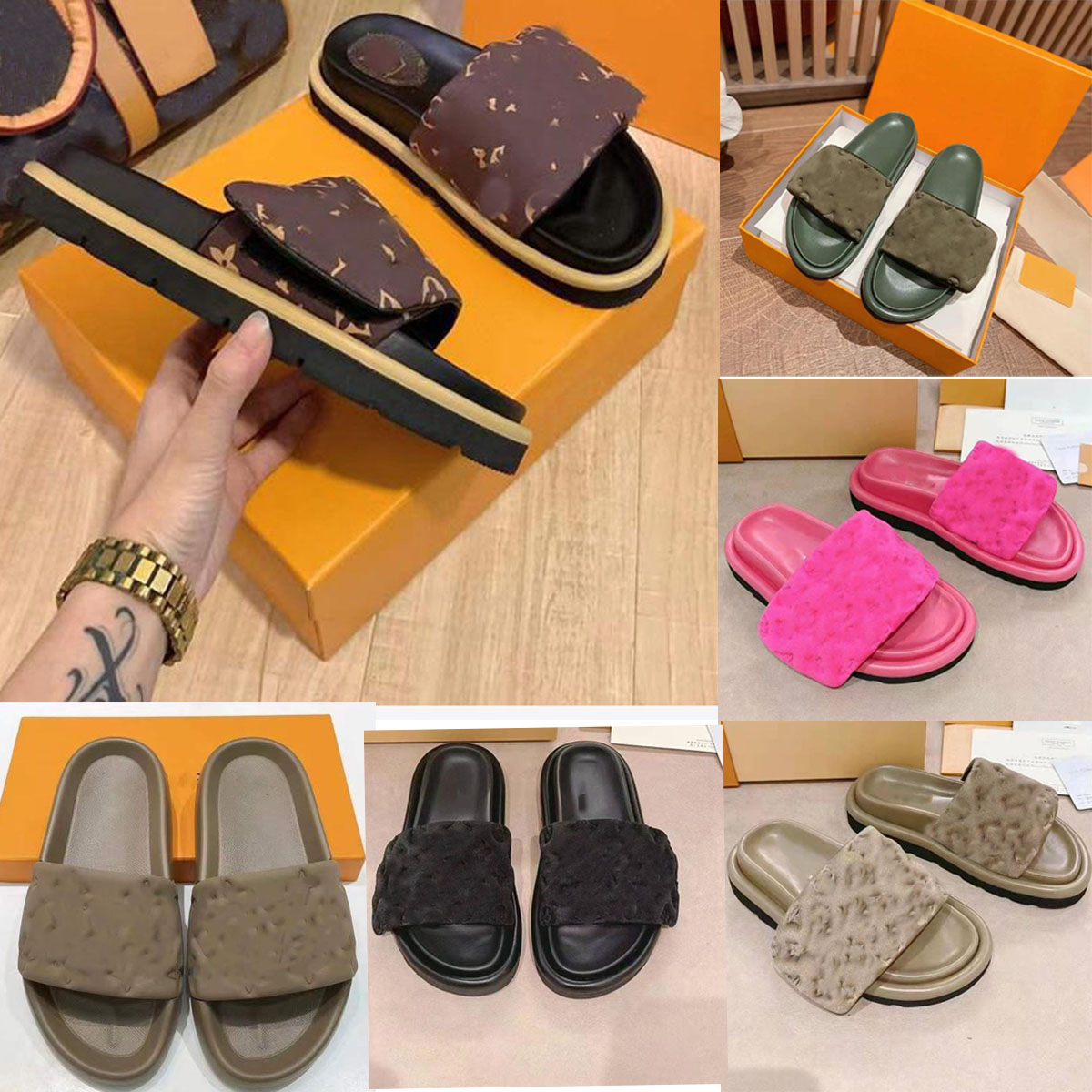 

Designer Pool Pillow Slides Slippers Sandals Mule Luxury Paris Lady Patent Suede Flat Mens Platform Slide Summer Slipper Nylon Cool Beach Sandal, Khaki