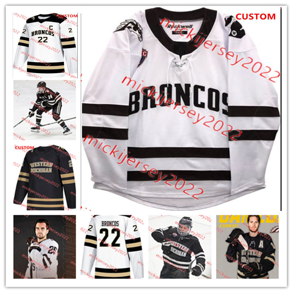 

Aidan Fulp Western Michigan Hockey Jersey Custom Stitched Mens Youth Jack Perbix Lucas Matta Cole Burtch Wyatt Schingoethe Western Michigan Broncos Jerseys, White retro