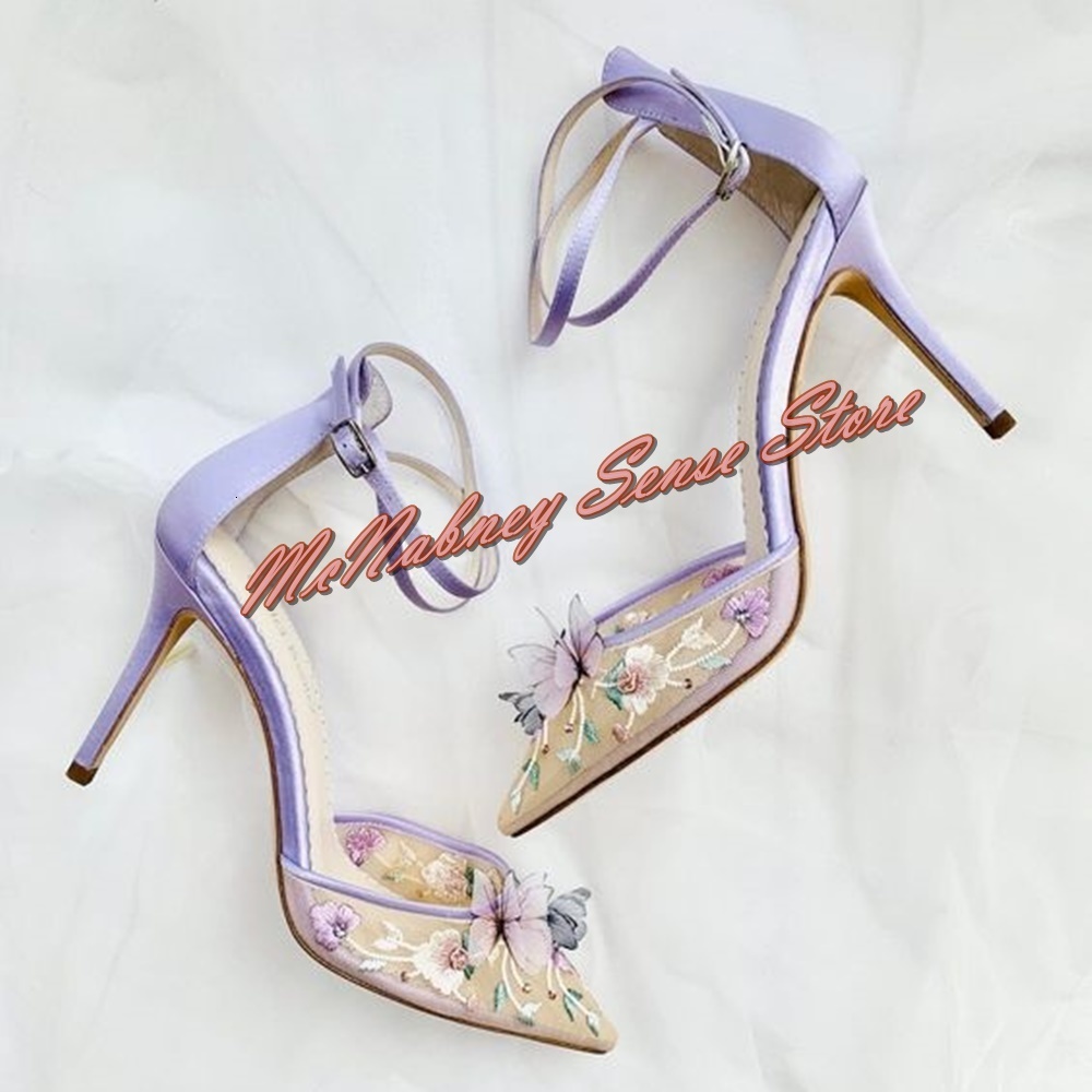 

Sandals Mesh Butterfly Flower Pointed Toe Ankle Straps Buckle Shoes Stiletto Heels Light Purple Summer Party Dress Sandal 230313, Beige