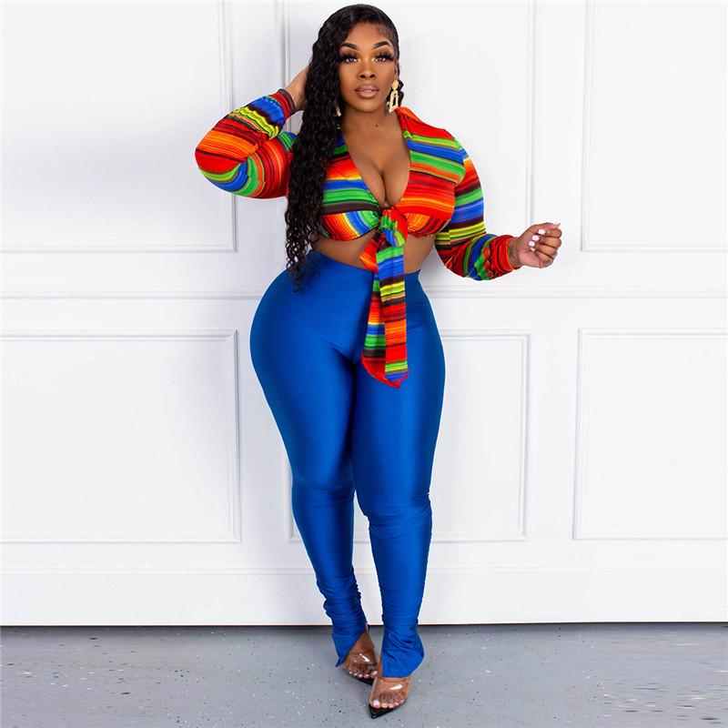 

Women' Two Piece Pants Clothing Spring And Autumn Recommended Long Sleeve V-neck Sexy Temperament Tight Lace-up Street Trend Su, Blue