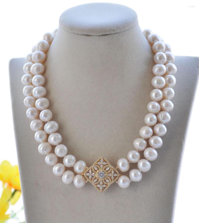 

Chains P7529 2Row 15mm Round White Freshwater Pearl Necklace Bracelet CZ Button