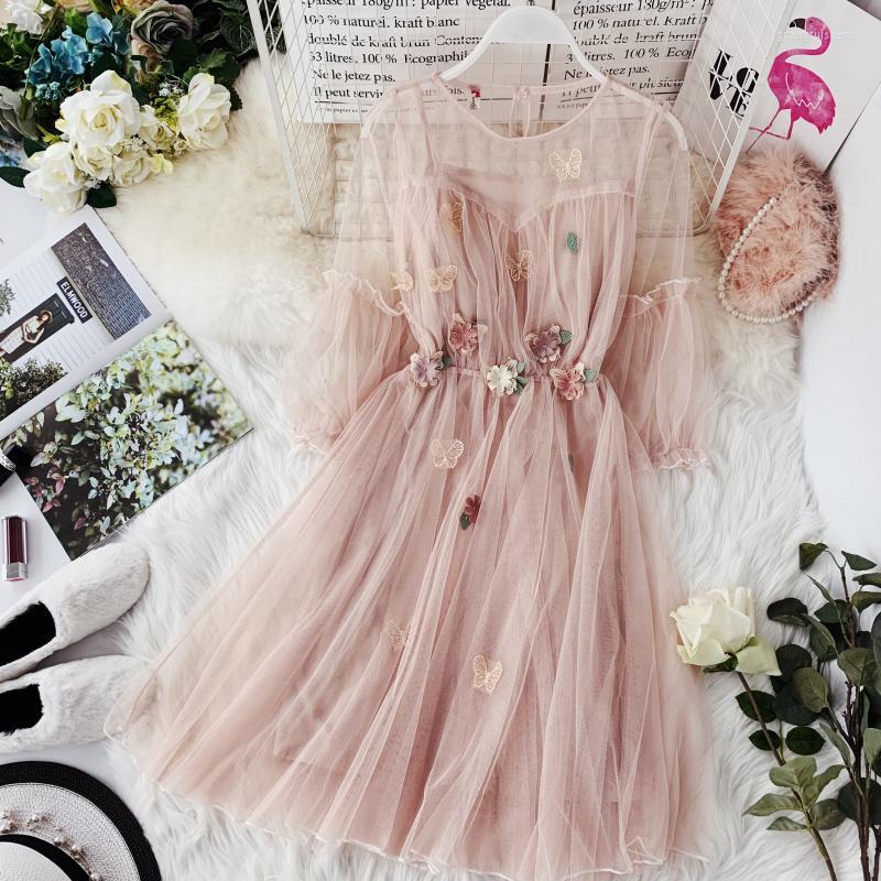 

Casual Dresses ZCWXM Summer Woman Applique Mesh Dress Puff Sleeve Floral Lovely Party Voile Princess Knee-length Vestidos Mujer, Beige