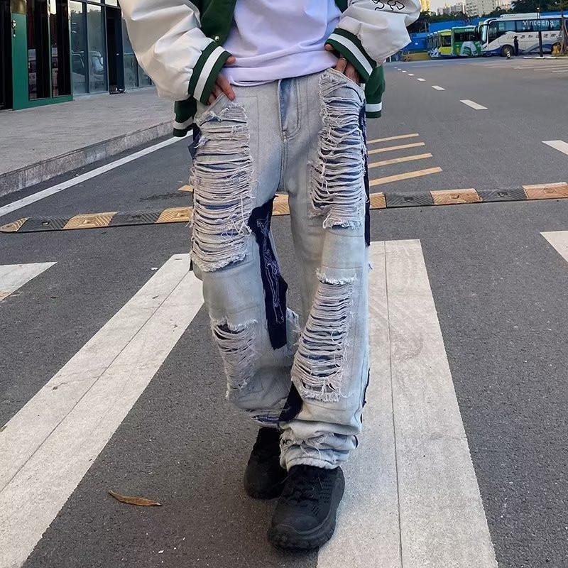 

Men' Jeans Fashion Hi Street Destroyed Pants Vibe Style Oversized Hip Hop Denim Trousers Ripped Bottoms With Patches Loose Fit, Sky blue