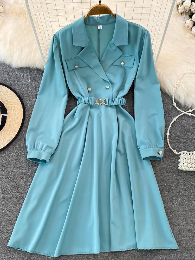 

Casual Dresses Spring Women Party Suit Collar Dress Elegant Long Sleeve With Belt Korean Fashion High Waist Slim A-line Office Lady Midi, Black