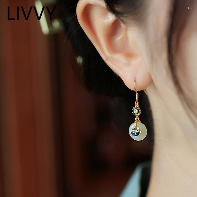

Dangle Earrings LIVVY Retro Natural Crystal Stone Lotus Pendant For Women Chinese Style Unique Fine Craft Luxury Charm Jewelry