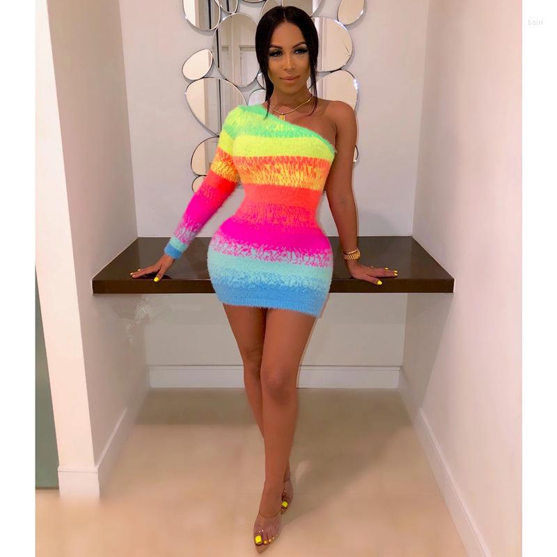 

Casual Dresses BKLD Women Party Dress One Shoulder Bodycon Mini Gradient Rainbow 2023 Autumn Long Sleeve Female Clubwear, Picture shown