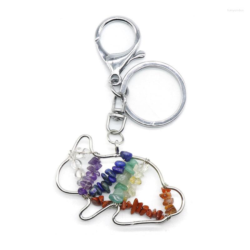 

Keychains FYSL Silver Plated Circle Lovely Rainbow Stone Key Chain Healing Chakra Animal Jewelry