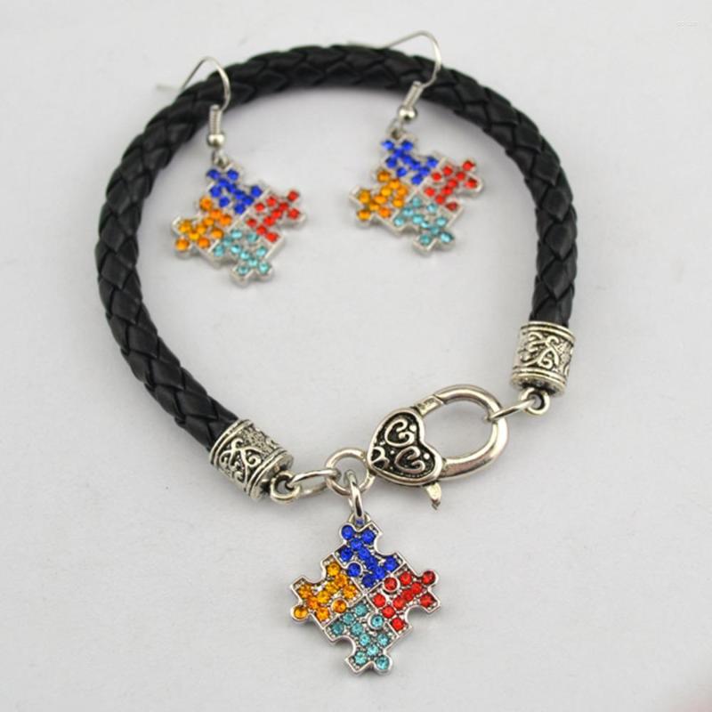

Necklace Earrings Set Rhodium Plated Zinc Studded With Sparkling Crystals Autism Awareness Puzzle Piece Charm Pendant Bracelet Earring, Picture shown