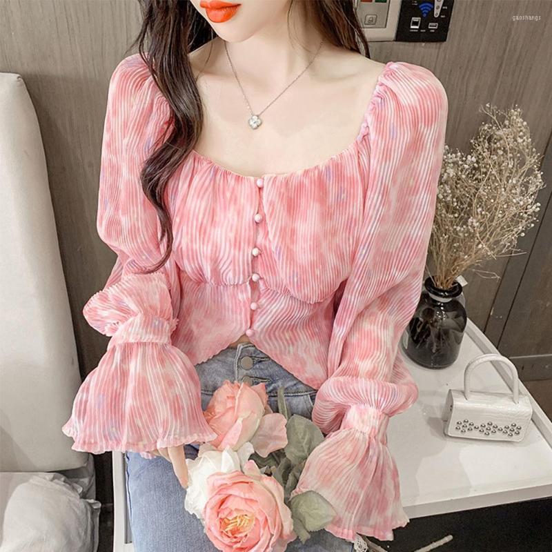 

Women' Blouses Sexy Square Neck One-shoulder Blouse Women' Short Floral Chiffon Ladies Shirt Spring Fall Vintage French Sweet Flare, Green