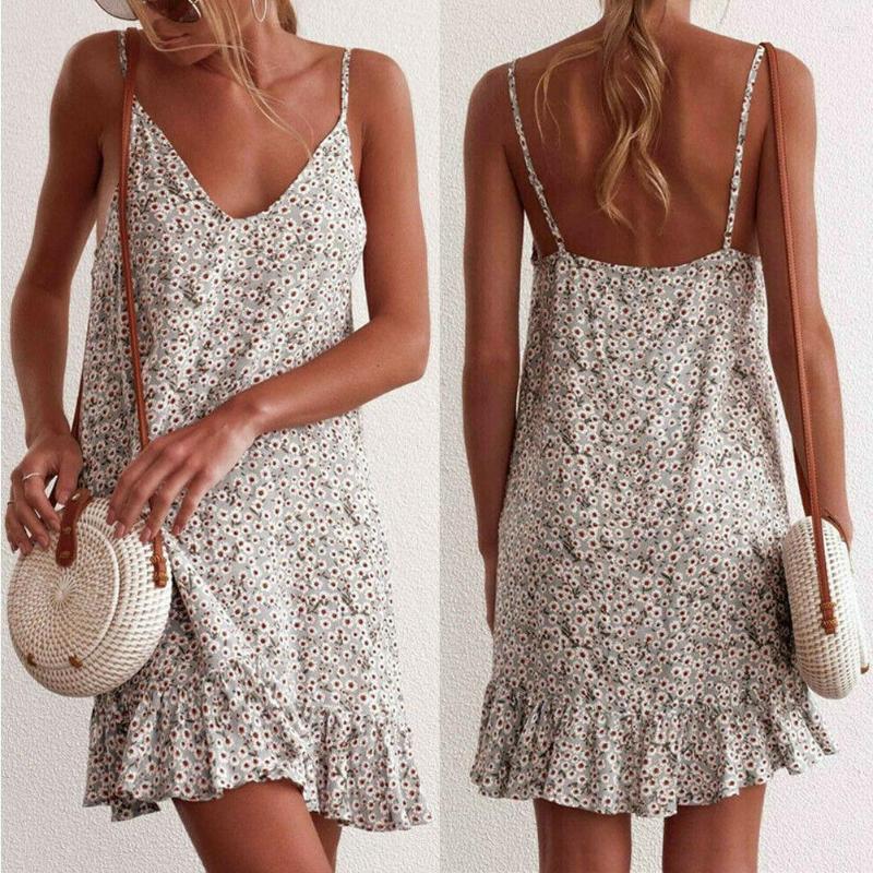 

Casual Dresses Women Summer Print Strap Mini 2023 V-Neck Loose, Green
