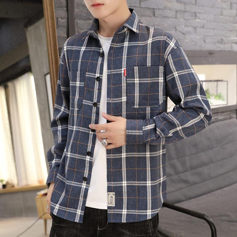 

Men's Casual Shirts Ropa De Hombre 2023 Autumn Hong Kong Style Loose Long-sleeved Shirt Youth Jacket Fashion Clothes, Green yellow grid