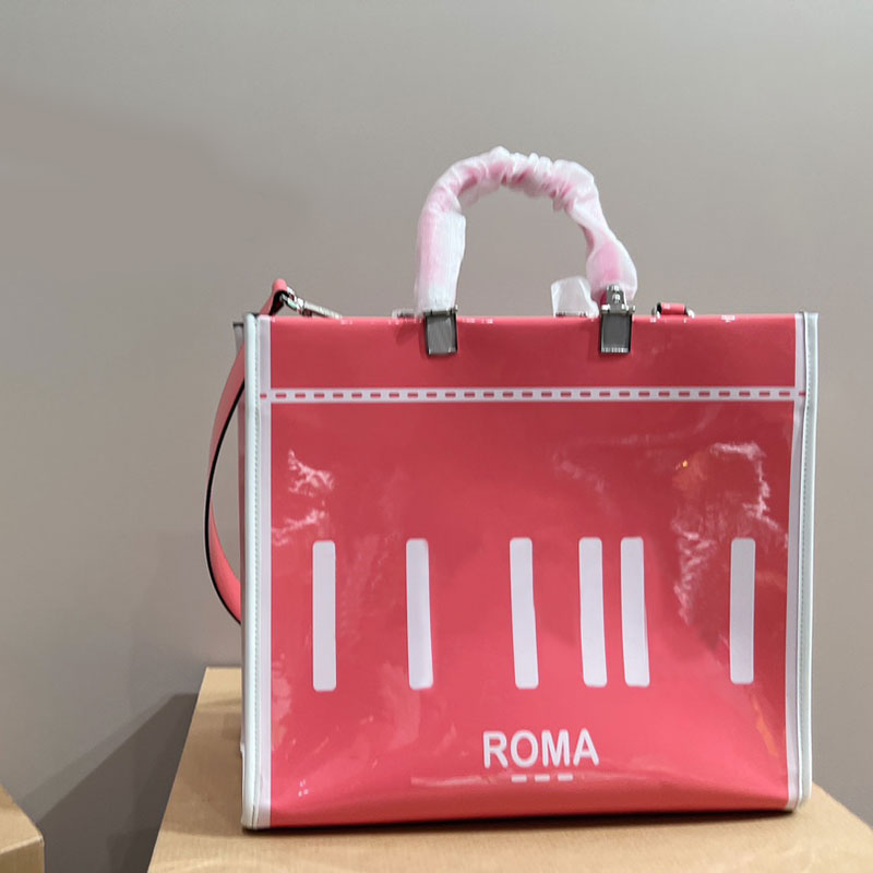 

Large Capacity Tote Bag Shopping Bags Women Handbag Fashion Letter Coat Of Paint Patent Leather Silver Hardware Buckle Removable Shoulder Strap Interior Zip Pocket, Pink