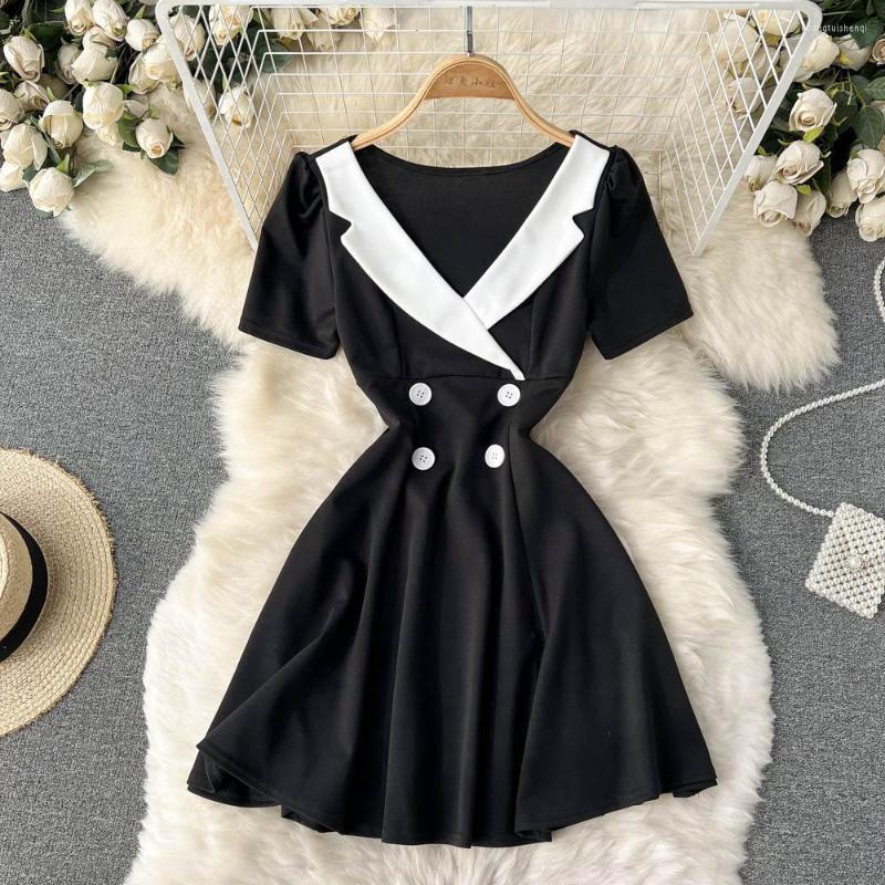 

Party Dresses ZCWXM Summer Casual Short Dress Women Designer Retro Notched Double-breasted A-line Elegant Female Vestidos, Black