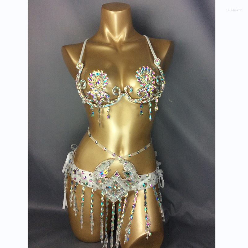 

Stage Wear Beads Belly Dance Costume Samba Carnival Halloween Costumes For Women Festival Rave Outfits Bra Belt Sets, Silver