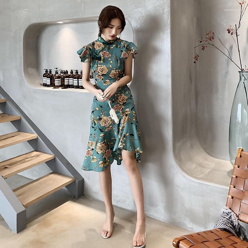 

Ethnic Clothing Traditional Chinese Bodycon Vintage Dress 2023 Summer Cheongsam Qipao Tunic Floral Print Ruffle MH705