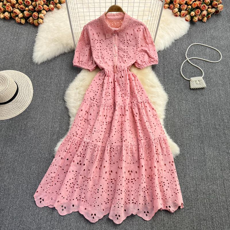 

Casual Dresses Summer Pink Woman Elegant Short Sleeve Party Night Robe Hollow Out A-Line Office Lady French Green/Yellow/White Dress, Sky blue