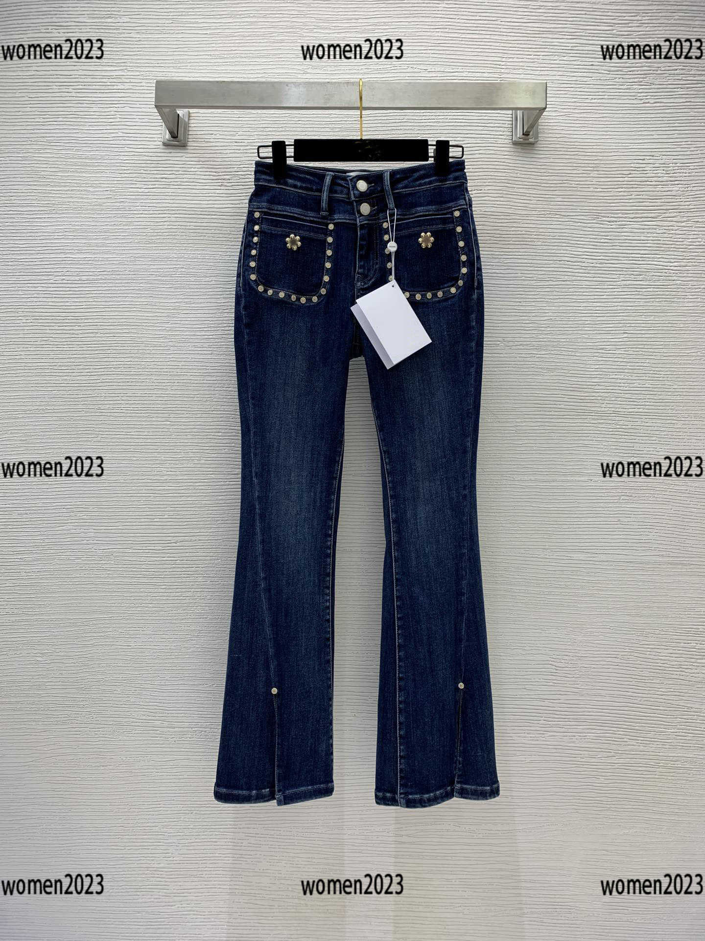 

women jeans lady trousers girl pants Size -30 Studded rivet decoration Flare design New Products fashion Mar06, Black